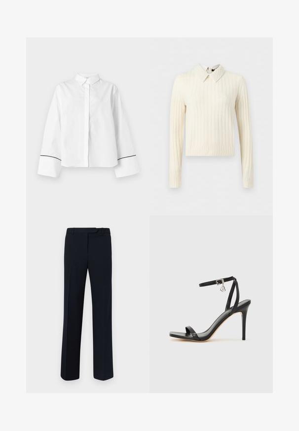 Pull crème côtelé à manches longues avec col pointu texturé orné de perles et ourlet droit.; Chemise blanche à manches longues boutonnée, col pointu, larges poignets avec fine bordure noire près des extrémités, devant uni et coupe décontractée.; Pantalons ajustés navy en tissu lisse, avec une coupe droite, des passants de ceinture et des détails de pince à l'avant.; Sandale à talon haut noire avec une bride étroite à la cheville, bout carré, cuir lisse et accent de boucle métallique.