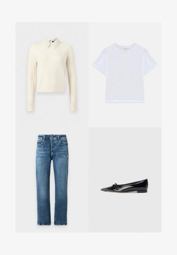 Suéter de manga larga en color crema con textura acanalada, cuello puntiagudo adornado con perlas y dobladillo recto.; Camiseta blanca corta hecha de algodón suave, con un cuello redondo y mangas cortas, y un corte ligeramente holgado. Sin patrones ni acentos.; Jeans de hombre en denim azul con un corte recto, cinco bolsillos y cierre de botón. Presentan un leve deslucido y detalles de costura.; Zapato plano de charol negro con punta afilada, pequeña tira decorativa y tacón bajo. Textura suave y diseño elegante.