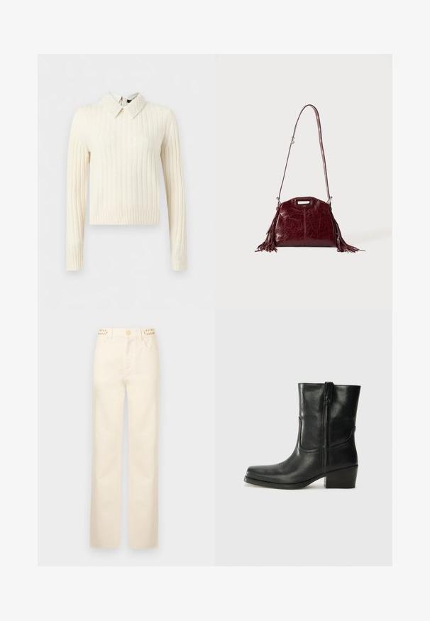 Krémový pruhovaný sveter s dlhými rukávmi, s textúrovaným golierom zdobeným perlami a so rovný lemom.; Rabanne Džínsy s rovným strihom - off white denim; Čierne kožené členkové topánky s okrúhlou špičkou, blokovým podpätkom, bočným zipsom a prešívaním na priehlavku. Hladká textúra, klasický dizajn.; Tmavočervená kožená kabelka na rameno s detailmi strapcov a nastaviteľným popruhom so striebornou prackou na jednofarebnom svetlom pozadí.