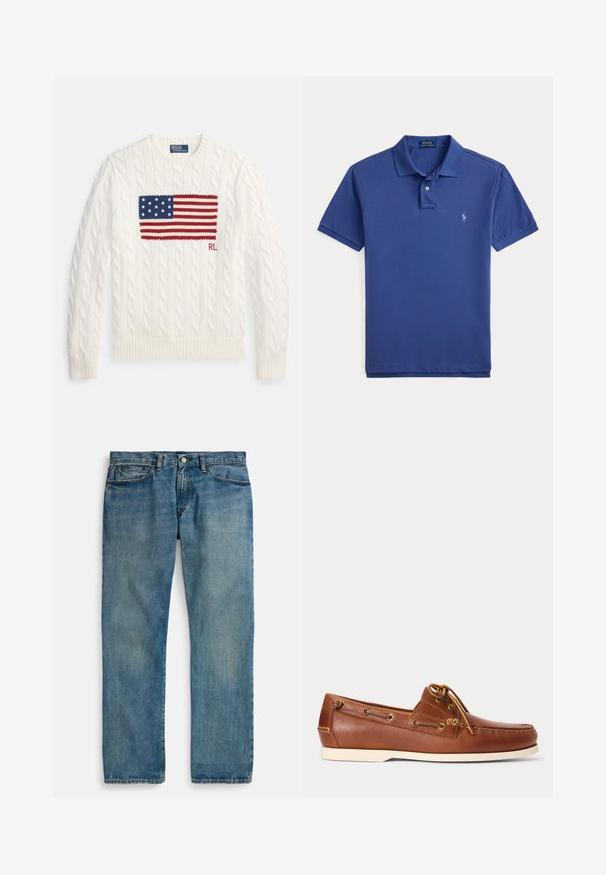 Witte kabelgebreide trui met een opvallende geborduurde Amerikaanse vlag in rood, wit en blauw op de voorkant, met "RL" in het rood.; Blauwe polo-shirt met korte mouwen, een kraag, twee knopen en een klein geborduurd logo op de linkerkant van de borst.; Lichtblauwe denim jeans met een rechte pijpvorm, voorzien van vijf zakken, een knoopsluiting en subtiele vervaging voor textuur.; Bruine leren bootschoen met witte zool, veter gestrikt bovenaan en metalen veterogen langs de zijkanten en voorste stiksels.