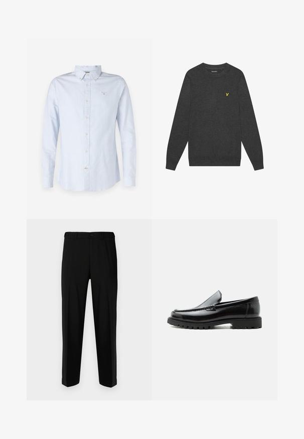 Donkergrijze trui met ronde hals, gemaakt van zacht materiaal. Bevat een klein geel geborduurd logo op de borst. Lange mouwen met ribgebreide boorden.; Lichtblauw lang sleevenshirt met een button-down kraag, geweven stof, frontale knoopsluiting en klein geborduurd logo op de borst.; Zwarte broek van gladde stof, met een rechte snit, twee voorzakken en een ritssluiting met knoopsluiting.; Zwarte leren loafer met dikke rubberen zool, gestikte bovenkant en gegraveerde merknaam op de hiel, zijaanzicht op witte achtergrond.