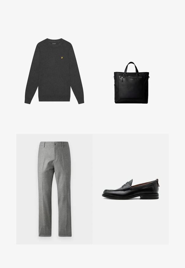Pull à col ras du cou gris foncé en tissu doux. Présente un petit logo brodé jaune sur la poitrine. Manches longues avec des poignets côtelés.; Pantalon gris texturé avec une coupe droite, comportant une fermeture à boutons et fermeture éclair à l'avant. Détail de motif en chevrons subtil.; Mocassin homme en cuir noir avec couture moc toe, bride penny, col texturé et petit talon empilé sur fond blanc.; Sac cabas noir avec doubles poignées, grande poche avant en cuir avec fermeture éclair et logo discret Calvin Klein au centre de la poche.