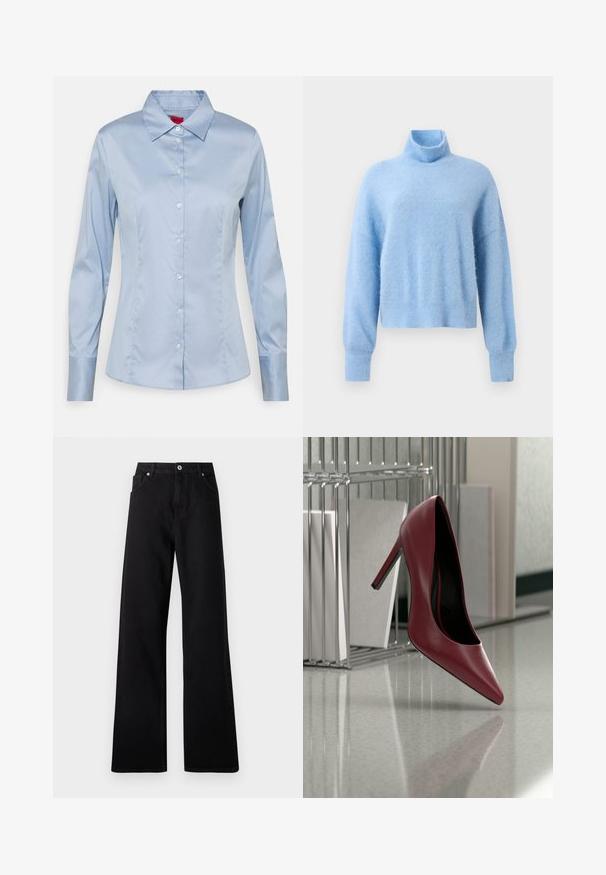 Lichtblauwe, korte turtleneck trui gemaakt van zachte, gestructureerde stof met lange mouwen en geribbelde manchetten voor extra detail.; Lichtblauw button-up shirt van gladde stof, met een klassieke kraag, lange mouwen en een rechte pasvorm met subtiele stikseldetails.; Zwarte wide-leg jeans van denim met een vijf-pockets ontwerp, voorste knoopsluiting en subtiele stikdetails.; Enkel rood leren hooghakige schoen balancerend op de hiel op een reflecterende vloer nabij een metalen ordnerrek met witte mappen.