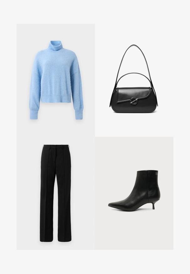Pull col roulé court bleu clair en tissu doux et texturé, avec des manches longues et des poignets côtelés pour une touche de détail.; Pantalons droits noirs sur mesure avec passants de ceinture et pli sur le devant, présentés sur un fond neutre.; Bottine en cuir noir avec bout pointu et petit talon kitten sur fond clair, vue côté extérieur.; Sac à bandoulière en cuir noir avec un rabat incurvé fermé par un fermoir métallique rond et une sangle fine et ajustable.