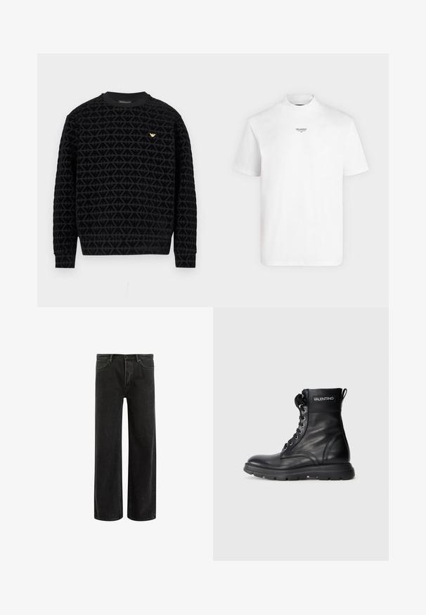 Sort crewneck-sweatshirt med et tekstureret geometrisk mønster, der har en guldfarvet logo-accent på brystet samt ribstrikkede manchetter og kant.; Hvid T-shirt med korte ærmer, mockneck og lille sort tekstlogo centreret nær kraven med teksten "KARL LAGERFELD."; Sorte denim bredde ben jeans med høj talje, med klassisk fem-lomme design og subtil falmning for et tekstureret udseende.; Sort læder ankelstøvle med rund tå, snørebånd fortil, polstret krave, kraftig sål og mærketag med "VALENTINO" på siden.