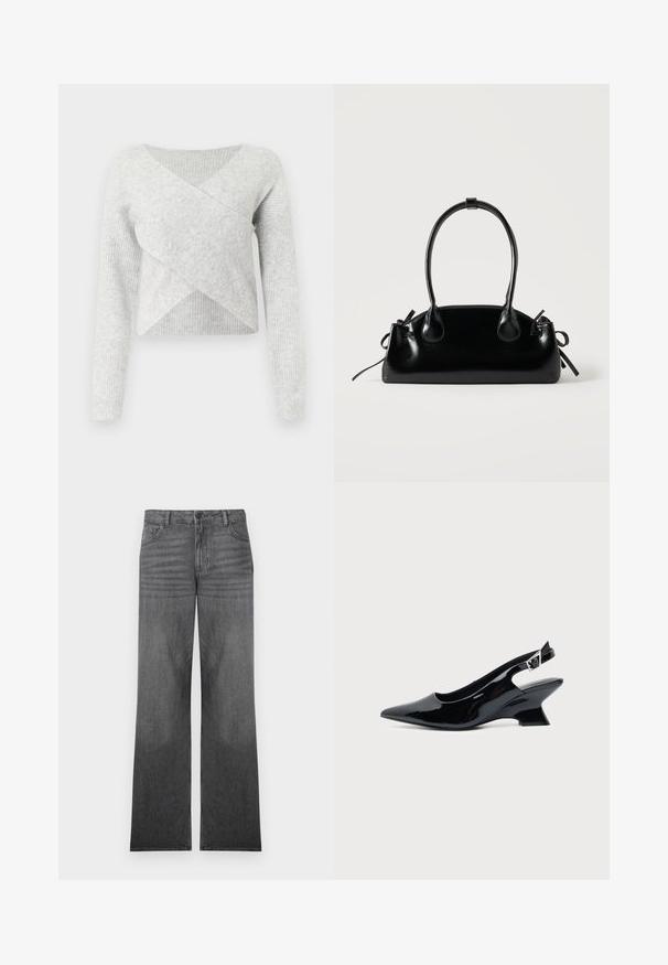Pull en maille gris avec un col en V et un design croisé à l'avant. Les manches longues présentent une texture côtelée, offrant un ajustement confortable et chaleureux.; Jean en denim gris à jambes larges avec un lavage moyen, présentant un design à cinq poches, une fermeture à bouton sur le devant et des détails de couture subtils.; Chaussure slingback en cuir verni noir avec bout pointu et petit talon bloc incliné sur fond clair uni.; Petit sac à main noir brillant avec deux longues anses et des détails à cordon sur les côtés sur un fond clair uni.