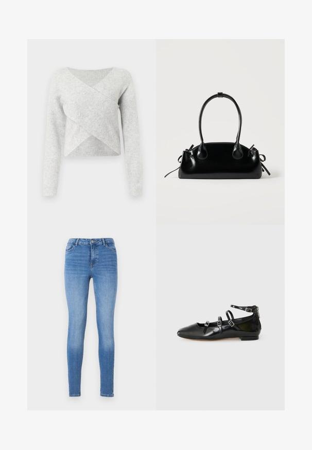 Halluxi hallide sweater V-kaelusega ja ristuvate esiosadega. Pikkade varrukate ribakujundus tagab mugava ja sooja sobituse.; Kitsad teksad heledas sinises denimis, keskmise kõrgusega taljega, viie taskuga disainiga ja toon-toonis õmblustega, millel on sile tekstuur.; ALDO NELTA - Baleriinad - black; Väike must läikiv käekott kahe pika sangaga ja külgedel paelakinnitustega, ühel lihtsal helel taustal.