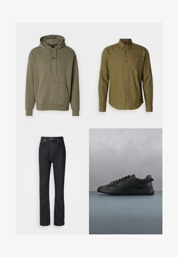 Sweat à capuche vert olive en tissu doux, avec une poche frontale, une capuche à cordon et un petit logo "BOSS" noir sur la poitrine.; Chemise boutonnée vert olive en coton. Dispose d'une poche poitrine avec un petit logo rouge, de manches longues et de boutons noirs.; Jean en denim noir taille haute avec fermeture à bouton et à glissière, poches avant et arrière, et coupe droite.; HUGO BLAKE - Baskets basses - black