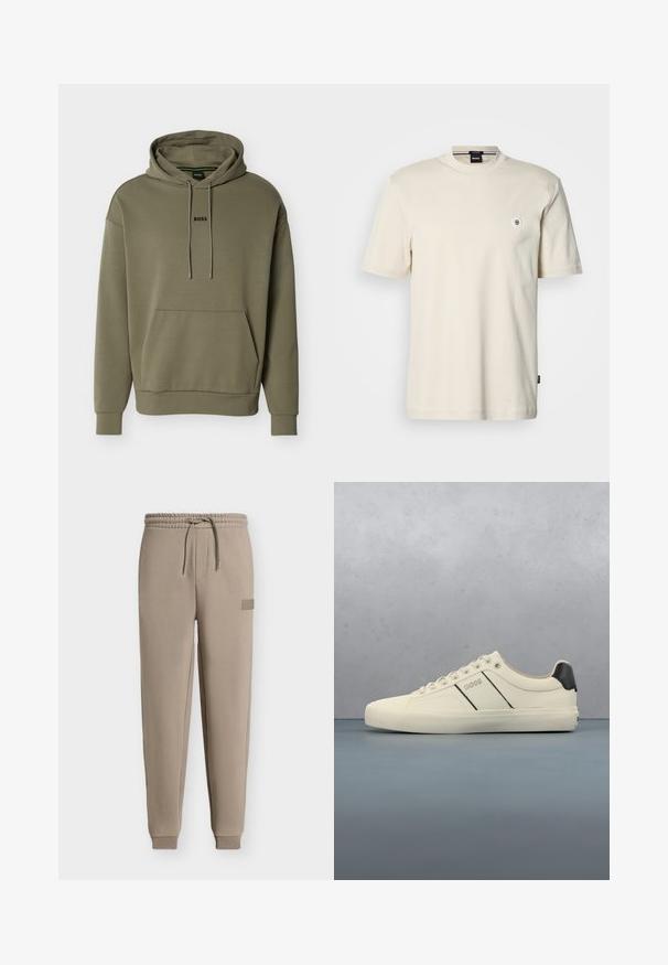 Sudadera con capucha de color verde oliva confeccionada con tela suave, que cuenta con un bolsillo frontal, capucha con cordón y un pequeño logo "BOSS" negro en el pecho.; Camiseta de manga corta y cuello redondo en algodón beige claro. Presenta un pequeño logo redondo en el pecho y un dobladillo recto.; Pantalones jogger beige con cinturilla elástica, cordón, puños en los tobillos y un pequeño parche rectangular con logo en la parte superior del muslo izquierdo.; Zapatillas de color crema con una textura suave, que presentan acentos y marcas en negro. Diseño clásico de cordones con punta redonda y suela de goma.