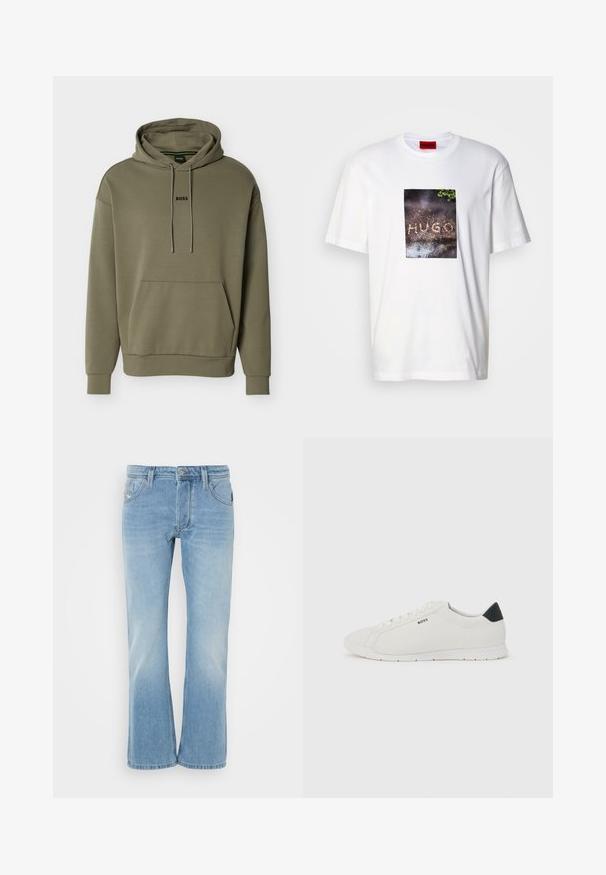 Olivgrüner Kapuzenpullover aus weichem Stoff mit Vordertasche, Kordelzugkapuze und kleinem schwarzem "BOSS"-Logo auf der Brust.; Weißes Baumwoll-T-Shirt mit einem rechteckigen Grafikdruck und dem Schriftzug "HUGO" auf einer strukturierten, dunklen Oberfläche, umgeben von Grünpflanzen.; Hellblaue Denim-Jeans im Weitbein-Design mit Taschen, Knopfverschluss und subtilen Ausbleichungen für einen getragenen Effekt.; Weißer Sneaker mit niedrigem Schnitt, schwarzem Fersenlaschen, weißen Schnürsenkeln und „BOSS“-Logo an der Seite, vor einem schlichten hellen Hintergrund gezeigt.