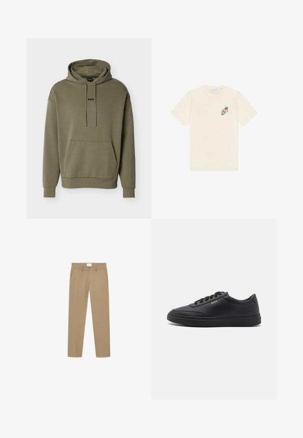 Olijfgroene hoodie gemaakt van zacht materiaal, met een voorkantzak, trekkoord in de capuchon en een klein zwart "BOSS"-logo op de borst.; Roomwit T-shirt met korte mouwen en een ronde hals, met een klein gedrukt ontwerp van een sleutel en een motel-sleutelhanger op de linkerborst.; Beige broek met een gladde textuur, rechte pijpdesign, voorzakken en een knoopsluiting. Label zichtbaar bij de taille.; Zwarte leren sneakers met een gladde textuur, ronde neus, platte rubberen zool en tonale veters. Kenmerkt zich door de gouden "BOSS" branding aan de zijkant.