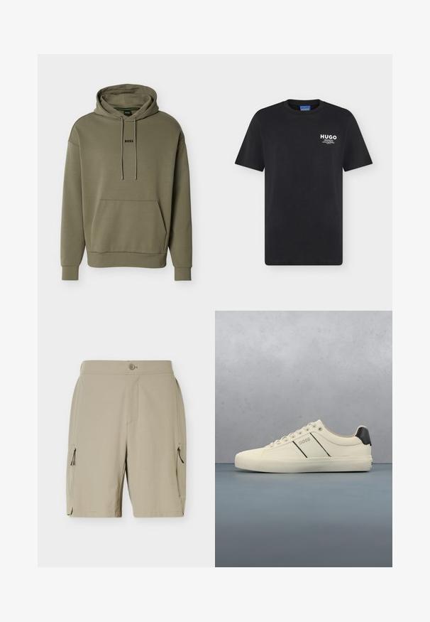 Sudadera con capucha de color verde oliva confeccionada con tela suave, que cuenta con un bolsillo frontal, capucha con cordón y un pequeño logo "BOSS" negro en el pecho.; Camiseta negra de manga corta con cuello redondo, con un pequeño logo blanco "HUGO" y texto en la parte superior izquierda del pecho.; Pantalones cortos beige hasta la rodilla con cierre de botón y bolsillos con cremallera a cada lado, diseñados para uso casual o al aire libre.; Zapatillas de color crema con una textura suave, que presentan acentos y marcas en negro. Diseño clásico de cordones con punta redonda y suela de goma.