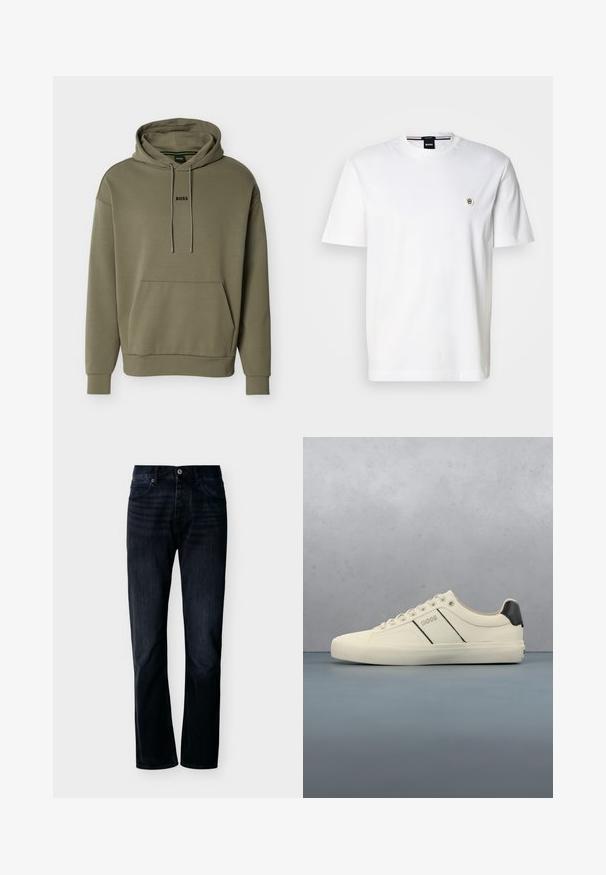 Sudadera con capucha de color verde oliva confeccionada con tela suave, que cuenta con un bolsillo frontal, capucha con cordón y un pequeño logo "BOSS" negro en el pecho.; Camiseta blanca de algodón con cuello redondo, mangas cortas y un pequeño logo en el pecho izquierdo. Textura suave, corte clásico.; Vaqueros de pierna recta en índigo oscuro con cierre frontal de botón y cremallera, trabillas para cinturón y diseño de cinco bolsillos, mostrados sobre un fondo claro y liso.; Zapatillas de color crema con una textura suave, que presentan acentos y marcas en negro. Diseño clásico de cordones con punta redonda y suela de goma.