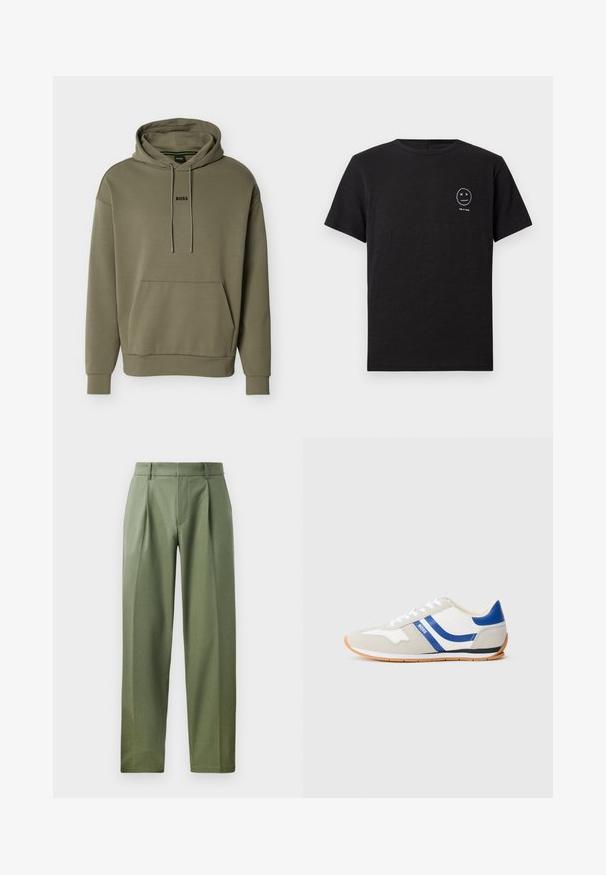 Sudadera con capucha de color verde oliva confeccionada con tela suave, que cuenta con un bolsillo frontal, capucha con cordón y un pequeño logo "BOSS" negro en el pecho.; Camiseta negra de manga corta con cuello redondo, con un pequeño gráfico blanco bordado de una cara con ojos en forma de X y el texto "rag & bone" en el lado izquierdo del pecho.; Pantalones a medida en tejido verde olivo con una textura suave, que cuentan con dos pliegues frontales, trabillas para el cinturón y un diseño de pierna recta.; Zapatillas deportivas con parte superior de ante blanco y gris, acentos azules, cierre con cordones y suela de goma color natural. Presentan un diseño curvado y detalle de logo.