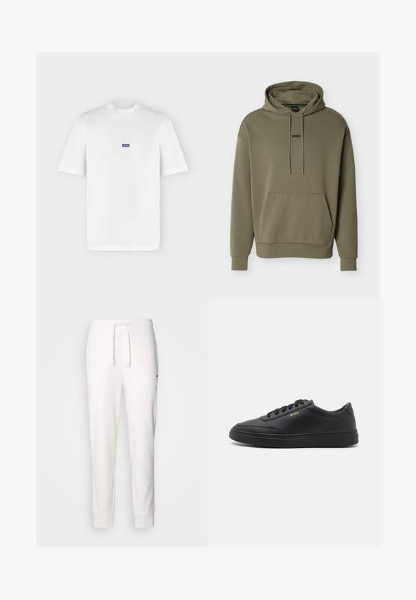 Sweat à capuche vert olive en tissu doux, avec une poche frontale, une capuche à cordon et un petit logo "BOSS" noir sur la poitrine.; T-shirt blanc à manches courtes et col rond avec un petit logo rectangulaire bleu "HUGO" centré sur la poitrine.; Jogging en coton blanc avec une taille élastique, un cordon de serrage et des poignets côtelés. Présente un petit logo noir sur le côté.; Baskets en cuir noir avec une texture lisse, bout rond, semelle en caoutchouc plate et lacets ton sur ton. Présente une marque "BOSS" dorée sur le côté.