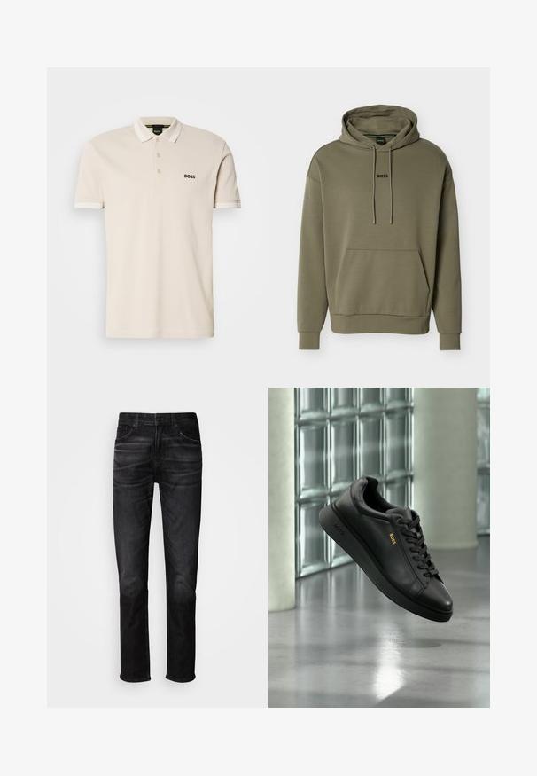 Olijfgroene hoodie gemaakt van zacht materiaal, met een voorkantzak, trekkoord in de capuchon en een klein zwart "BOSS"-logo op de borst.; Beige poloshirt met een kraag, drie-knops knoopsluiting en geborduurd zwart logo op de linkerkant van de borst. Korte mouwen met witte accenten.; Zwarte denim jeans met een rechte pasvorm, ontwerp met vijf zakken, subtiele vervaging en een knoopsluiting. Klassieke stijl, geschikt voor casual dragen.; Zwarte leren lage sneakers met veters, gouden "BOSS"-logo aan de zijkant, getoond zwevend binnenshuis tegen een achtergrond van glazen blokken en beton.