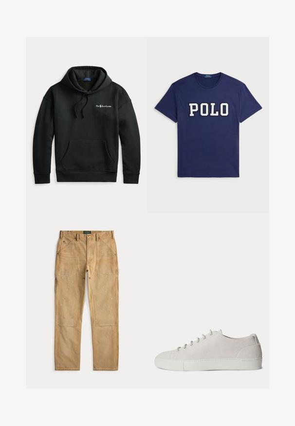 Μαύρο φούτερ Polo Ralph Lauren με μπροστινή τσέπη, κουκούλα με κορδόνια και μικρό λευκό λογότυπο στο αριστερό στήθος.; Μπλε μπλούζα από βαμβάκι με μεγάλο λευκό графικό "POLO", στρογγυλή λαιμόκοψη και κοντά μανίκια.; Κίτρινες καμπάνες με ενισχυμένα γόνατα, πολλαπλές τσέπες, βρόχους ζώνης και λεκέδες από μπογιά, τοποθετημένες επίπεδες σε λευκό φόντο.; Λευκό sneaker χαμηλού ύψους από σουέντ με κορδόνια μπροστά και καουτσούκ σόλα, μινιμαλιστικός σχεδιασμός.