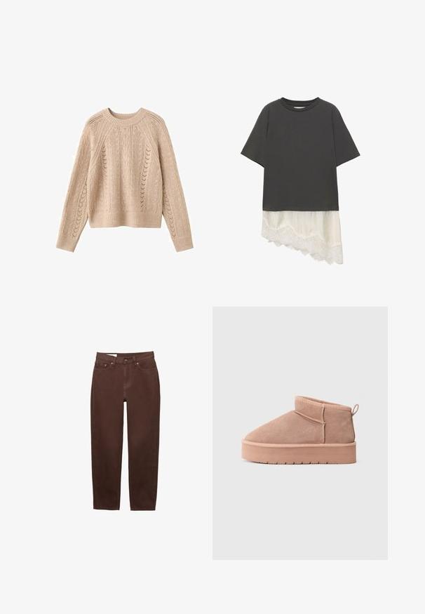 Beige Strickpullover mit Rundhals, Raglanärmeln und geripptem Saum. Offene Strickmuster sorgen für Textur.; Schwarzes kurzärmeliges Oberteil mit asymmetrischem Saum, der mit einem weißen Spitzenbesatz versehen ist, der unter dem Hauptstoff hervortritt.; Braune Jeans mit geradem Bein, vorderem Knopf- und Reißverschluss sowie einem Fünf-Taschen-Design auf weißem Hintergrund.; Beige Wildleder-Ankle-Boot mit dicker Plateau-Sohle, runder Schuhspitze, Zuglasche an der Ferse und sichtbaren genähten Nahtdetails.