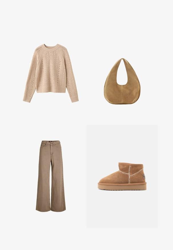 Striktrøje i beige med kabelstrik, der har rund hals, raglanærmer og ribbet kant. Åbne strikkemønstre skaber tekstur gennem hele trøjen.; Brune vidde denimjeans med forlommer, bæltestropper og knaplukning.; Brune ruskinds ankelstøvler med rund tå, hvid dekorativ syning og en tan gummisål med et zigzag-mønster.; Tanfarvet ruskinds-hobo-taske med bred, rundet krop og enkelt fladt håndtag, vist mod en ensfarvet hvid baggrund.