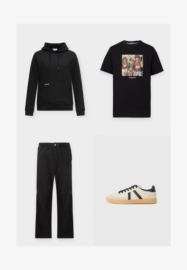 Sudadera negra con capucha con bolsillo delantero y cordones, con un pequeño logo blanco "JACK & JONES" en el bolsillo.; Camiseta negra con un gráfico de jugadores de hurling con cascos etiquetados como "Paz" y camisetas burdeos con la inscripción "Weekend Offender".; Pantalones negros de algodón con una cintura elástica, que cuentan con un diseño de pierna recta, textura suave y sin acentos ni patrones visibles.; Zapatillas casuales en crema con rayas negras, con parte superior texturizada y suela de goma. Los cordones son negros. Logo sutil en el costado.
