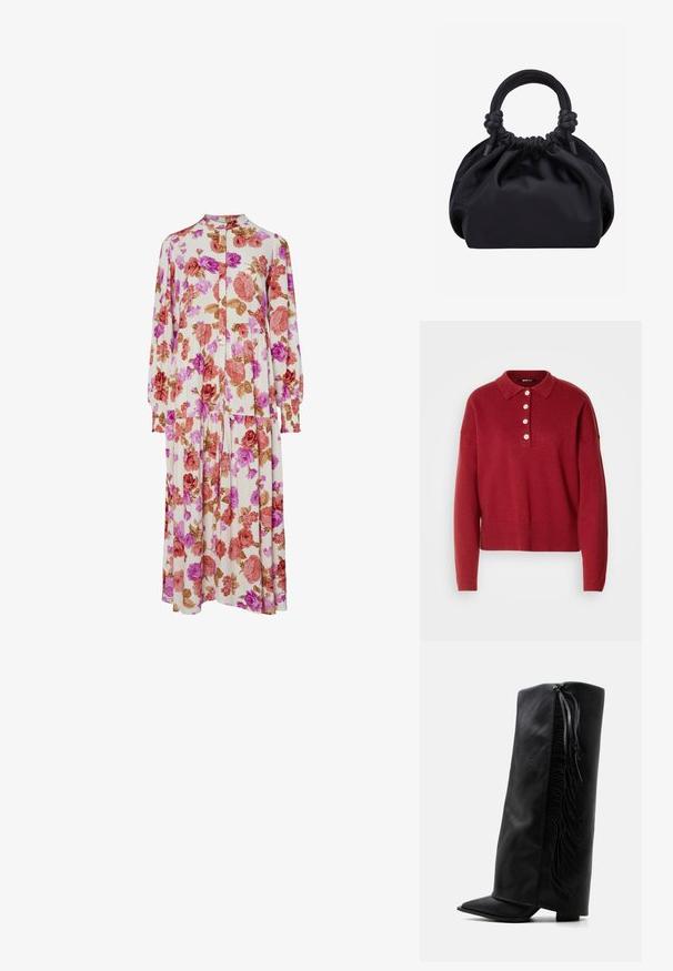 Rød strikket sweater med polo krave, fem hvide knapper samt ribbede manchetter og kant. Løs pasform og blød tekstur.; Blomstret kjole med en cremefarvet baggrund og pink, røde og brune roser, lange ærmer, krave og plisseret nederdel.; Sort læder knæhøj støvle med spids tå og dekorativ frynse langs ydersiden mod en ensartet hvid baggrund.; Sort blød stofhåndtaske med samlet top og afrundede håndtag knyttet ved bunden mod en ensartet lys baggrund.