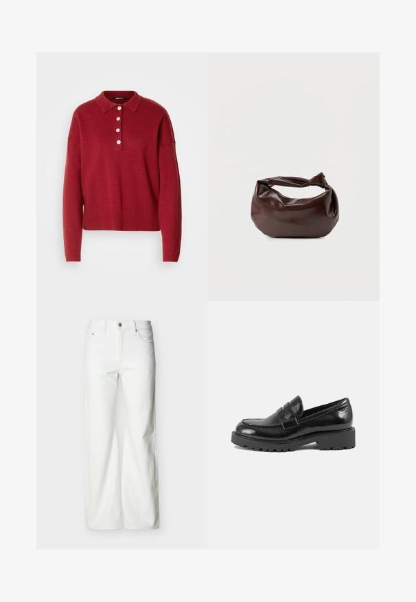 Rød strikket sweater med polo krave, fem hvide knapper samt ribbede manchetter og kant. Løs pasform og blød tekstur.; Hvide jeans med høj talje og lige ben, med forreste knap, lynlåslukning samt sidelommer og baglommer, mod en ensartet lys baggrund.; Sort patentlæderloafer med en struktureret tå, dekorativ rem over vristen og en tyk, robust sål. Glat, blank finish.; Mørkebrun læder skuldertaske med en blød, afslappet form og et snoet knudehåndtag på en ensartet hvid baggrund.