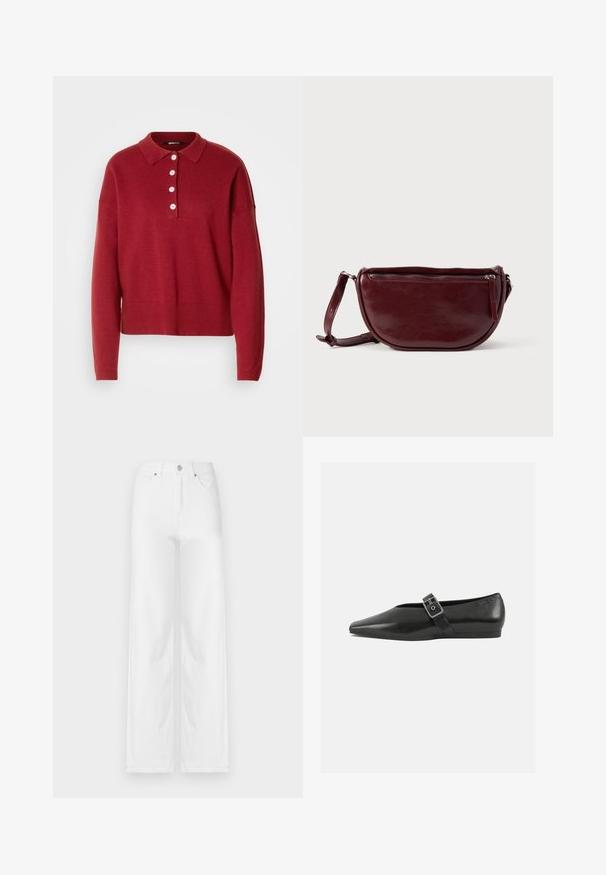 Rød strikket sweater med polo krave, fem hvide knapper samt ribbede manchetter og kant. Løs pasform og blød tekstur.; Hvide vide jeans lavet af denim, med en frontknaplukning, bæltestropper og fire lommer med en ren, glat tekstur.; Sorte læder flade sko med spidse tæer, prydet med en metallisk spænde over vristen og en lav, fleksibel sål.; Vinrød læderhåndtaske med halvmåneform, lynlås og aftagelig rem. Glat tekstur med en subtil glans.
