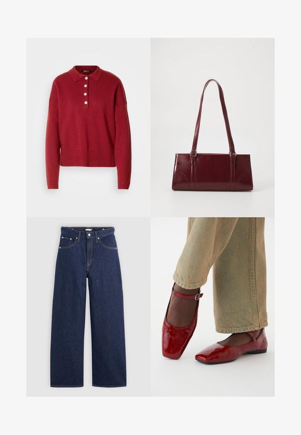Rød strikket sweater med polo krave, fem hvide knapper samt ribbede manchetter og kant. Løs pasform og blød tekstur.; Mørkeblå denim brede ben jeans med høj talje, der har fem lommer, bæltestropper og detaljer med kobber stikninger. Glat tekstur.; Røde patentlæder sko med firkantet tå, lav hæl og ankelrem, parret med lysegrønne vide bukser. Glat tekstur, reflekterende overflade.; Bordeaux håndtaske lavet af glansfuldt materiale, rektangulær form, med to skulderremme og subtile buede detaljer på forsiden.