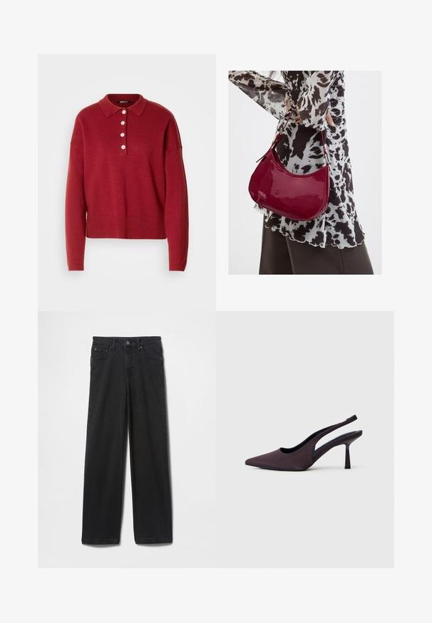 Roter Strickpullover mit Polo-Kragen, fünf weißen Knöpfen sowie gerippten Bündchen und Saum. Lockere Passform und weiche Textur.; Schwarze Denim-Jeans mit geradem Bein, Knopf- und Reißverschluss, Vorder- und Gesäßtaschen sowie einer glatten Textur.; Slingback-Pumps aus dunkelviolettem Stoff. Spitz zulaufende Zehenkappe, offene Seiten und ein schlanker, quadratischer Absatz. Glatte Textur.; Frau trägt eine schwarz-weiß gemusterte Bluse und hält eine glänzende rote Schultertasche vor einem einfarbigen Hintergrund.