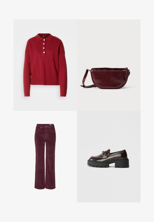 Jersey de punto rojo con cuello tipo polo, cinco botones blancos y puños y dobladillo acanalados. Corte holgado y textura suave.; Pantalones de pana con diseño de pierna ancha, en un color burdeos intenso. Presentan bolsillos delanteros y trabillas para cinturón, con un acabado de tela texturizada.; Mocasines de charol burdeos con una suela de plataforma negra gruesa, que presentan un detalle decorativo de hebilla plateada en la parte superior.; Bolso de mano de cuero granate con forma de media luna, cierre de cremallera y una correa desmontable. Textura suave con un brillo sutil.