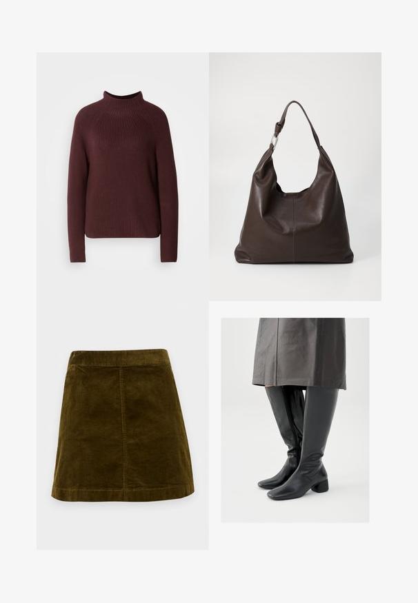 Bordeaux sweater med høj hals, ribbet tekstur og lange ærmer. Har en let boxy form og en kant, der falder ved hoften.; Brun kordfløjl mini skirt med lodrette ribber, lige snit og en ren kant. Har en simpel talje uden udsmykninger.; Knæhøje sorte læderstøvler med firkantet tå, skråt stillet blokhæl og en sidesyning; glat tekstur og tætsiddende design.; Zign LEATHER - Shopping bags - chocolate brown