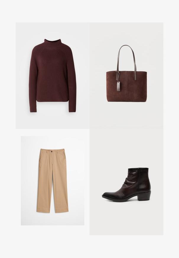 Pull en bordeaux avec un col montant, texture côtelée et manches longues. Présente une forme légèrement carrée et un ourlet qui arrive aux hanches.; Pantalon beige en coton avec jambes droites, fermeture à bouton sur le devant et texture lisse. Comprend des passants de ceinture standard et un design à l'avant plat.; Bottine en cuir marron foncé avec talon bas empilé et dessus légèrement froissé, présentée de profil sur un fond uni.; Sac fourre-tout en daim marron avec des anses en cuir foncé et une petite étiquette en cuir attachée sur un fond clair uni.