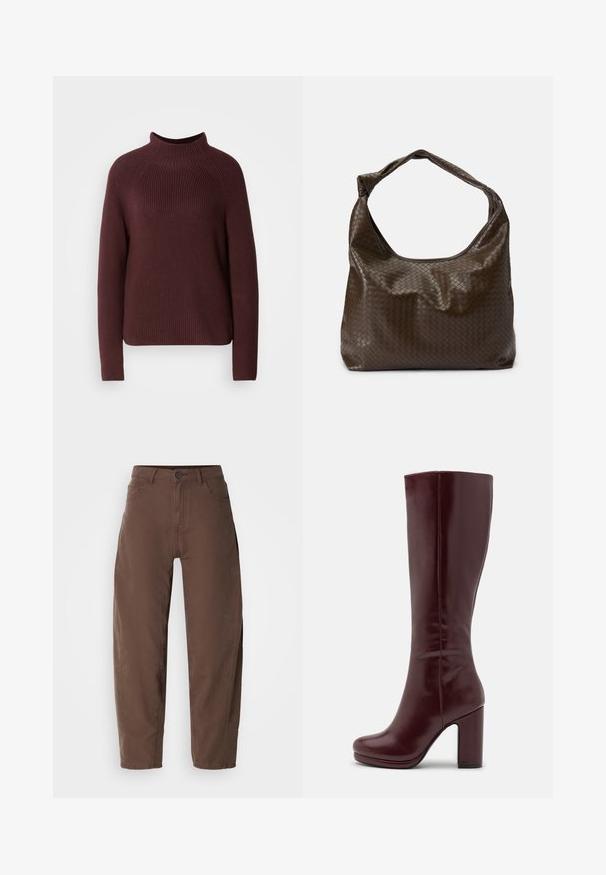 Bordeaux sweater med høj hals, ribbet tekstur og lange ærmer. Har en let boxy form og en kant, der falder ved hoften.; Brune lige bukser med frontknap og lynlås, bæltestropper og sidelommer, præsenteret på en hvid baggrund.; Anna Field by Zalando Højhælede støvler - red; Brun flettet lædertaske med en blød, slasket form, et enkelt håndtag og en tekstureret overflade. Den har en blød, blank finish og afrundede kanter.