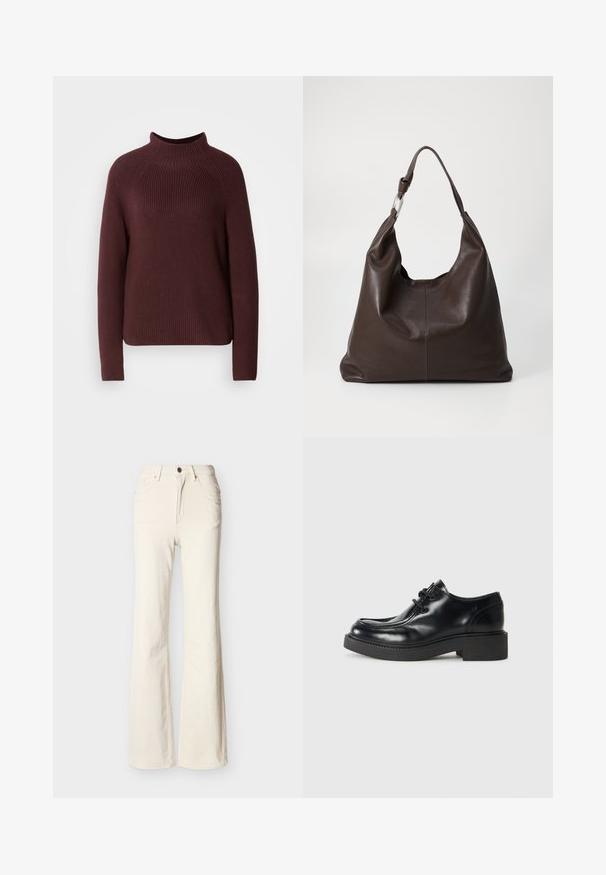 Bordeaux sweater med høj hals, ribbet tekstur og lange ærmer. Har en let boxy form og en kant, der falder ved hoften.; Offwhite, højtaljede jeans med forreste knap, lynlås, for- og baglommer samt let udvidet benstil.; Sorte læder oxford sko med rund tå, snørebåndsdesign og en tykk sort gummisål. Glat tekstur og minimale syninger.; Zign LEATHER - Shopping bags - chocolate brown