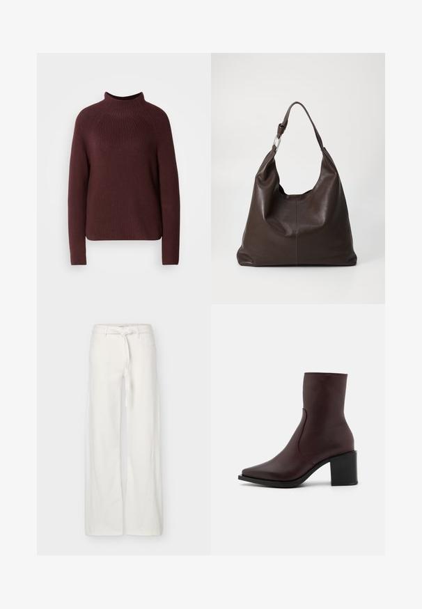 Pull en bordeaux avec un col montant, texture côtelée et manches longues. Présente une forme légèrement carrée et un ourlet qui arrive aux hanches.; Pantalon blanc à jambes larges avec poches avant et ceinture en tissu nouée à la taille, présenté sur un fond uni.; Zign by Zalando LEATHER - Bottines - bordeaux; Zign by Zalando LEATHER - Cabas - chocolate brown
