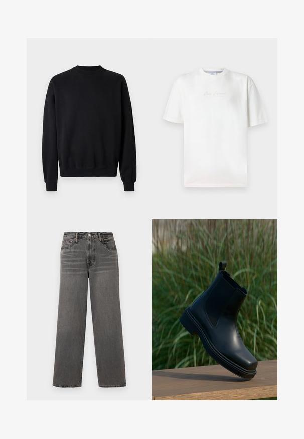 Sweatshirt noir en tissu doux, avec un col rond, des manches longues, et des poignets et un ourlet à côtes, offrant une coupe décontractée. Design simple.; T-shirt blanc à manches courtes et col rond avec un texte cursif subtil centré sur la poitrine sur un fond uni.; Jeans en denim gris avec une coupe droite, taille haute, style à cinq poches et légère décoloration le long des jambes. Accents en métal.; Bottines Chelsea en cuir noir avec côtés élastiques, bout rond, petit talon et tirant à l'arrière, sur un fond vert flou.