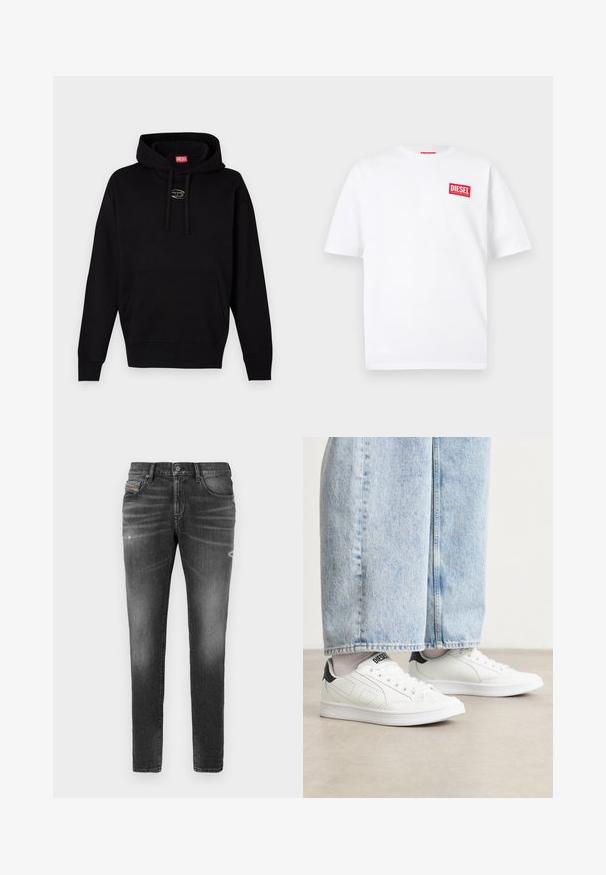 Schwarzer Kapuzenpullover aus weichem Stoff, mit einer Fronttasche, Kordelzug mit Ösen und einem kleinen silbernen Logo auf der Brust.; Weißes Baumwoll-T-Shirt mit kurzen Ärmeln und einem roten, rechteckigen DIESEL-Logo auf der oberen linken Brustseite. Einfaches Rundhalsausschnitt-Design.; Graue Denim-Jeans mit schlankem Schnitt, die über leicht abgewetzte Bereiche, distressed Details und einen traditionellen Knopfverschluss verfügen.; Weiße Sneaker mit einer glatten Ledertextur, schwarzen Fersenakzenten und perforierten Details. Kombiniert mit hellblauen, weiten Jeanshosen.