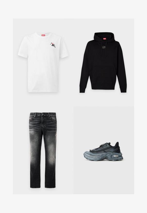 Sort hættetrøje lavet af blødt stof, med en frontlomme, snoretræk med øsken og et lille sølvlogo på brystet.; Hvid bomulds-T-shirt med en lille sort og rød grafik på venstre bryst og et rødt logomærke ved halsudskæringen. Korte ærmer, rund hals.; Sorte jeans med en falmet finish og slidte detaljer, standard fem-pockets design og lynlås. Lavet af denim stof.; Sort og grå Diesel sneakers med tyk sål, snørrebåndslukning og tekstureret design på en ensfarvet lysegrå baggrund.