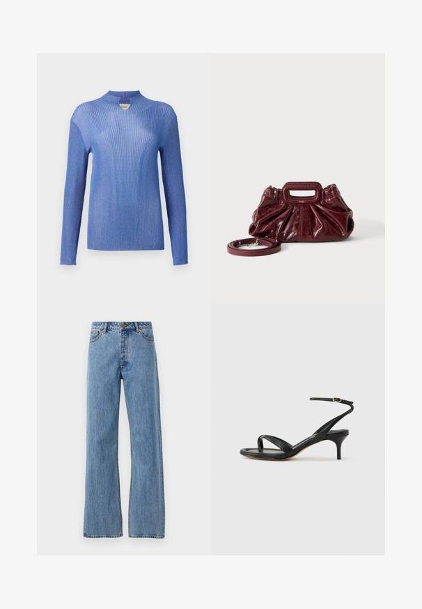 Blauwe geribbelde gebreide trui met een hoge halslijn en lange mouwen. Heeft een textuurafwerking en een lichte glans, wat zorgt voor een aansluitende silhouet.; Lichtblauwe hoge taille straight-leg jeans met een voorknoop, rits en vijf-pocket ontwerp op een effen witte achtergrond.; Zwarte leren dames sandaal met dunne bandjes, een teengreep, een enkelgesp en een stilettohak van gemiddelde hoogte op een neutrale achtergrond.; Kleine donkerrode leren handtas met geplooide textuur, rechthoekig handvat met uitsparing en afneembare schouderriem tegen een witte achtergrond.