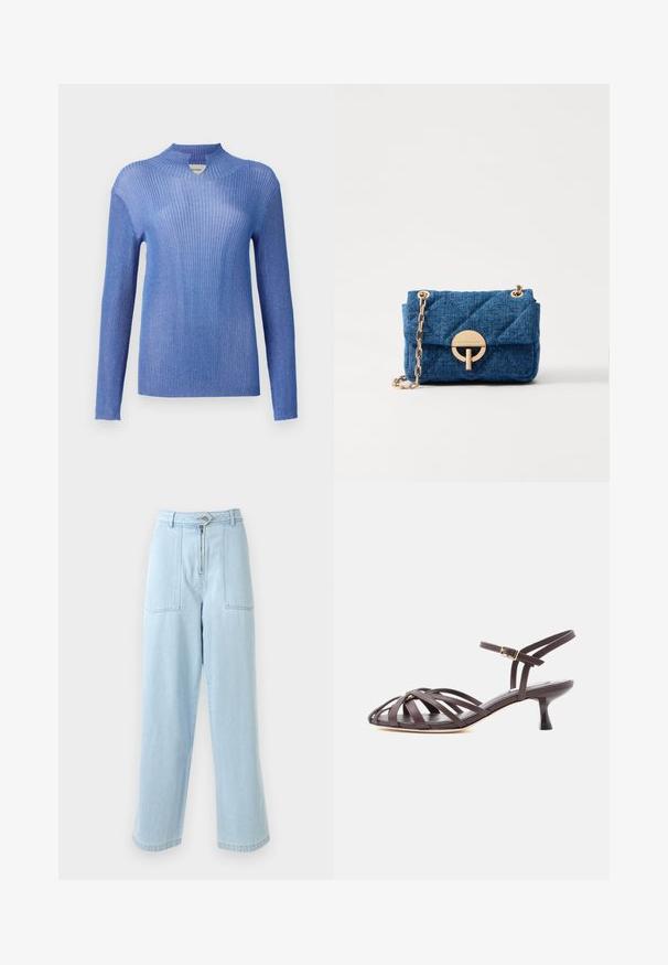 Blauwe geribbelde gebreide trui met een hoge halslijn en lange mouwen. Heeft een textuurafwerking en een lichte glans, wat zorgt voor een aansluitende silhouet.; Lichtblauwe wijde jeans met een hoge taille, voorzien van twee zijzakken, een ritssluiting en een knoopsluiting. Gemaakt van denimstof.; Donkerbruine leren sandaal met bandjes en kitten heel, verstelbare gesp rond de enkel, op witte achtergrond.; Vanessa Bruno MOON - Handtas - indigo