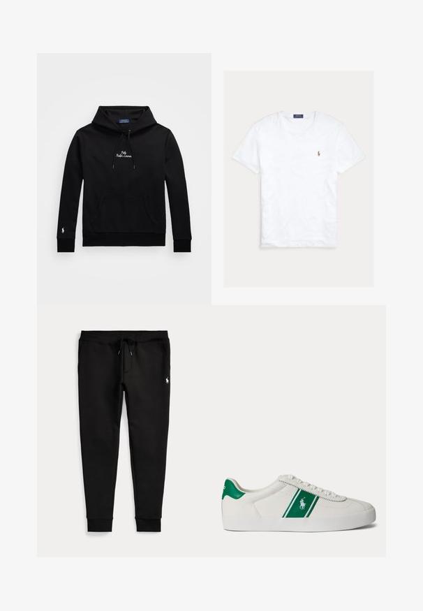 Sudadera negra hecha de tela suave, con un bolsillo frontal, capucha con cordón y logo bordado en el pecho y la manga.; Camiseta blanca de manga corta y cuello redondo con pequeño logo bordado de Polo Ralph Lauren en el pecho izquierdo y etiqueta azul de la marca en el interior del cuello.; Pantalones jogger negros con tobillos con puños, cintura con cordón, bolsillos laterales y pequeño logo blanco de jugador de polo en el muslo derecho.; Zapatilla blanca de corte bajo con una franja verde y el logo de Polo en el lateral, lengüeta verde en el talón y cordones blancos, mostrada desde el lado izquierdo sobre un fondo liso.