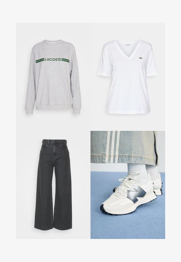 Grijze sweatshirt met lange mouwen, ribbelboorden en een ribbelhem. Heeft een groen "LACOSTE" logo met daarboven twee groene strepen. Zachte textuur.; Witte V-hals t-shirt van katoen met korte mouwen, met een klein groen krokodillenlogo op de linkerkant van de borst. Eenvoudig ontwerp en lichtgewicht.; High-waisted, wijde jeans van donkergrijze denim. Klassiek ontwerp met een rechte pasvorm, voorzien van riemlussen en voorkruiden.; Witte sport sneakers met een zilveren accent, textiel en glad leer; met een zwarte rubberen zool en veters.