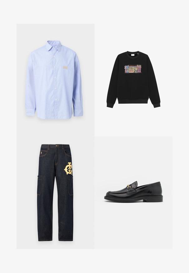 Sweat-shirt noir à col rond avec une scène de rue colorée brodée représentant des devantures de magasins, des fleurs, un vélo et une personne promenant un chien.; Chemise bleu clair à manches longues, boutonnée, avec col et petite pièce brodée beige sur la poitrine, présentée sur un fond uni.; Pantalon cargo en denim foncé avec un logo doré sur la cuisse, deux poches latérales, et des coutures contrastantes jaunes le long des coutures.; Mocassins en cuir noir avec un embout rond, présentant des accents en métal doré et des détails de couture, montés sur une semelle en caoutchouc texturé et basse.