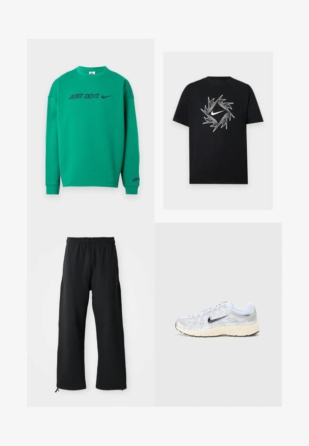 Zelená bavlnená mikina s okrúhlym výstrihom. Na hrudi modrá potlač s nápisom „JUST DO IT.“ a logom Nike. Dlhé rukávy.; Čierne tričko s krátkym rukávom s bielym Nike logom v strede, obklopené dynamickým ostnatým kruhovým vzorom.; Čierne voľné nohavice vyrobené z jemnej látky, s elastickým pásom a šnúrkou, so bočnými vreckami a hladkou textúrou.; Biele sieťované tenisky so striebornými akcentmi, čiernym znakom Nike, polstrovaným golierom a textúrovanou podrážkou. Vyznačujú sa vrstveným dizajnom pre stabilitu.
