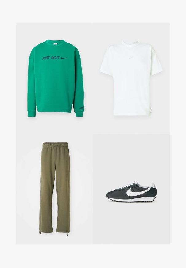 Grüner Sweatshirt aus Baumwolle mit Rundhalsausschnitt. Mit der Aufschrift "JUST DO IT." und dem Nike-Logo in dunkelblauer Schrift auf der Brust. Lange Ärmel.; Weißes Baumwoll-T-Shirt mit Rundhalsausschnitt, kurzen Ärmeln und kleinem, reliefgeprägtem Nike-Logo auf der Brust. Weiche Textur und lockere Passform.; Olivgrüne Baumwoll-Sweatpants mit elastischem Bund, geraden Beinen und verstellbaren Kordeln an den Knöcheln. Weiche Textur, lässiges Design.; Nike-Sneaker aus schwarzem Mesh mit weißem Swoosh, weißen Schnürsenkeln und dunkelgrünen Wildlederakzenten. Verfügt über eine strukturierte schwarze Gummisohle.