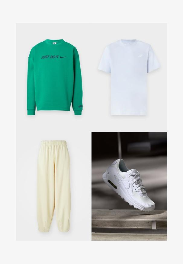 Groen katoenen sweatshirt met een ronde hals. Voorzien van de tekst "JUST DO IT." en het Nike-logo in marineblauwe letters op de borst. Lange mouwen.; Lichtblauwe katoenen t-shirt met korte mouwen, ronde hals en een wit Nike-logo gedrukt op de linkerborst. Glad textuur, eenvoudig ontwerp.; Crèmekleurige sweatpants met een elastische tailleband, taps toelopende pijpen en een losse pasvorm. Gemaakt van zachte, lichte stof.; Witte Nike Air Max 90 sneaker met een bovenwerk van mesh en leer, een geperforeerde teenbox en een zichtbare luchtunit in de hiel.