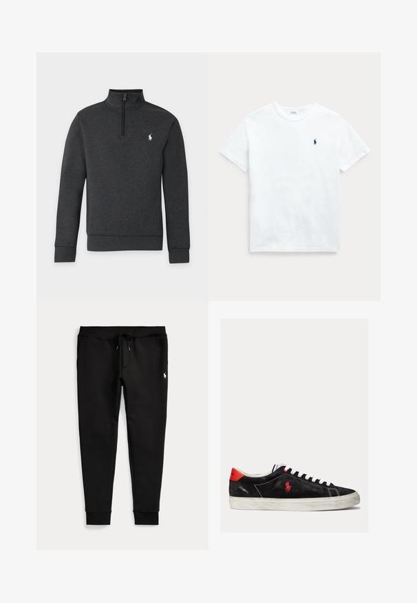 Tumehall pikkade varrukatega pullover, kvartlukkuri ja väikese valge hobusega logoga vasakul rinnal.; Valge puuvillane T-särk lühikeste varrukatega, ümmargune kaelus ja väike laevamere sinine logo vasakul rinnal. Sile tekstuur ja klassikaline lõige.; Mustad jogger-püksid, mansettidega pahkluude juures, nööriga vöökoht, küljetaskud ja väike valge polo mängija logo paremal reiel.; Mustmustest mustad valged paelad, punased aktsendid kanna juures ja väike punane logo. Omab lame kummitalda ja lihtsat õmblust.