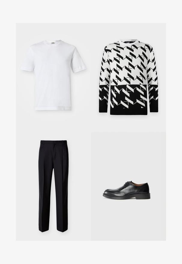 Schwarz-weißer Langarmpullover mit kühnen geometrischen Zickzack- und diagonalen Linienmustern, Rundhalsausschnitt sowie gerippten Bündchen und Saum.; Weißes Baumwoll-T-Shirt mit kurzen Ärmeln, Rundhalsausschnitt und glatter Textur. Keine Muster oder Akzente sind sichtbar.; Schwarze, maßgeschneiderte Hose mit geradem Schnitt, Falten vorne und seitlichen Taschen. Hergestellt aus einem glatten, leichten Stoff mit einfarbigem Muster.; Schwarze Leder-Dressschuhe mit abgerundetem Zehenbereich, glatter Oberfläche, Schnürdetails und einer niedrigen, strukturierten Gummisohle. Saubere Linien und minimalistisches Design.