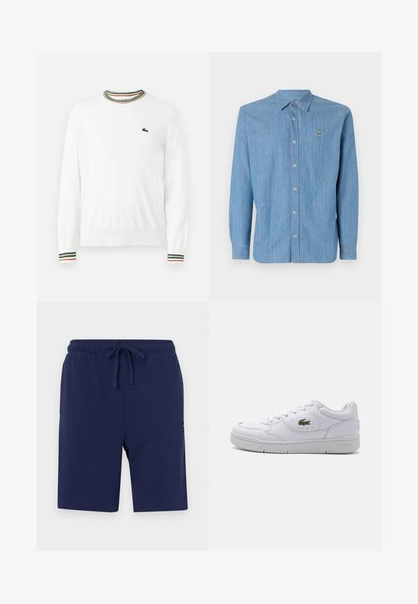 Pull blanc à col rond, avec des accents rayés verts, rouges et oranges sur le col et les manches. Logo Lacoste sur la poitrine.; Chemise en denim bleu clair avec un col boutonné, des manches longues et un petit logo brodé sur la poitrine gauche. Présente une fermeture à boutons sur le devant.; Shorts bleu marine en mélange de coton doux, dotés d'une taille élastique avec cordon de serrage et de poches latérales.; Baskets en cuir blanc avec un bout perforé et un logo crocodile vert sur le côté extérieur. Comprend une semelle plate et un design à lacets.