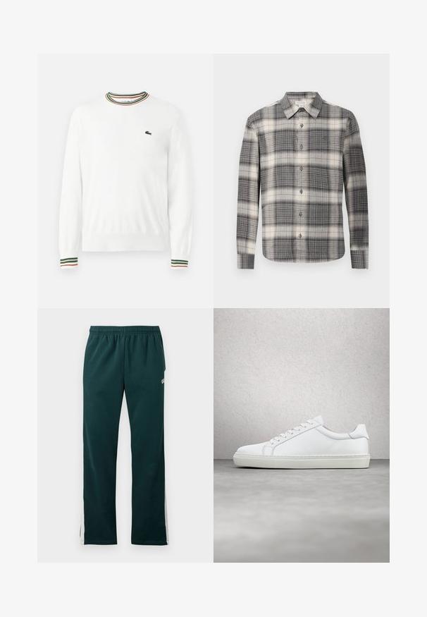 Hvid sweater med rund hals, prydet med grønne, røde og orange striber på kraven og ærmerne. Lacoste-logo på brystet.; Langærmet ternet skjorte i sort og creme. Har knaplukning foran, klassisk krave og varierende ternede mønster. Blødt stof.; Mørkegrønne sweatpants med elastisk hænger og hvide striber, der løber ned ad ydersiden af benene.; Hvide sneakers med en glat læderoverdel og lav profil. Har en rund tå, seks snørehuller og en tekstureret gummisål.